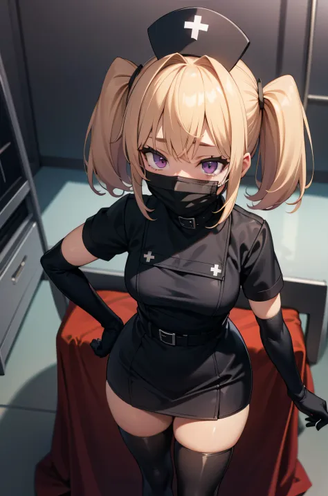 black nurse, 1 girl, alone, black nurse cap, Black Wear, ((black legwear, zettai ryouiki)), black elbow gloves, twin tails, yell...