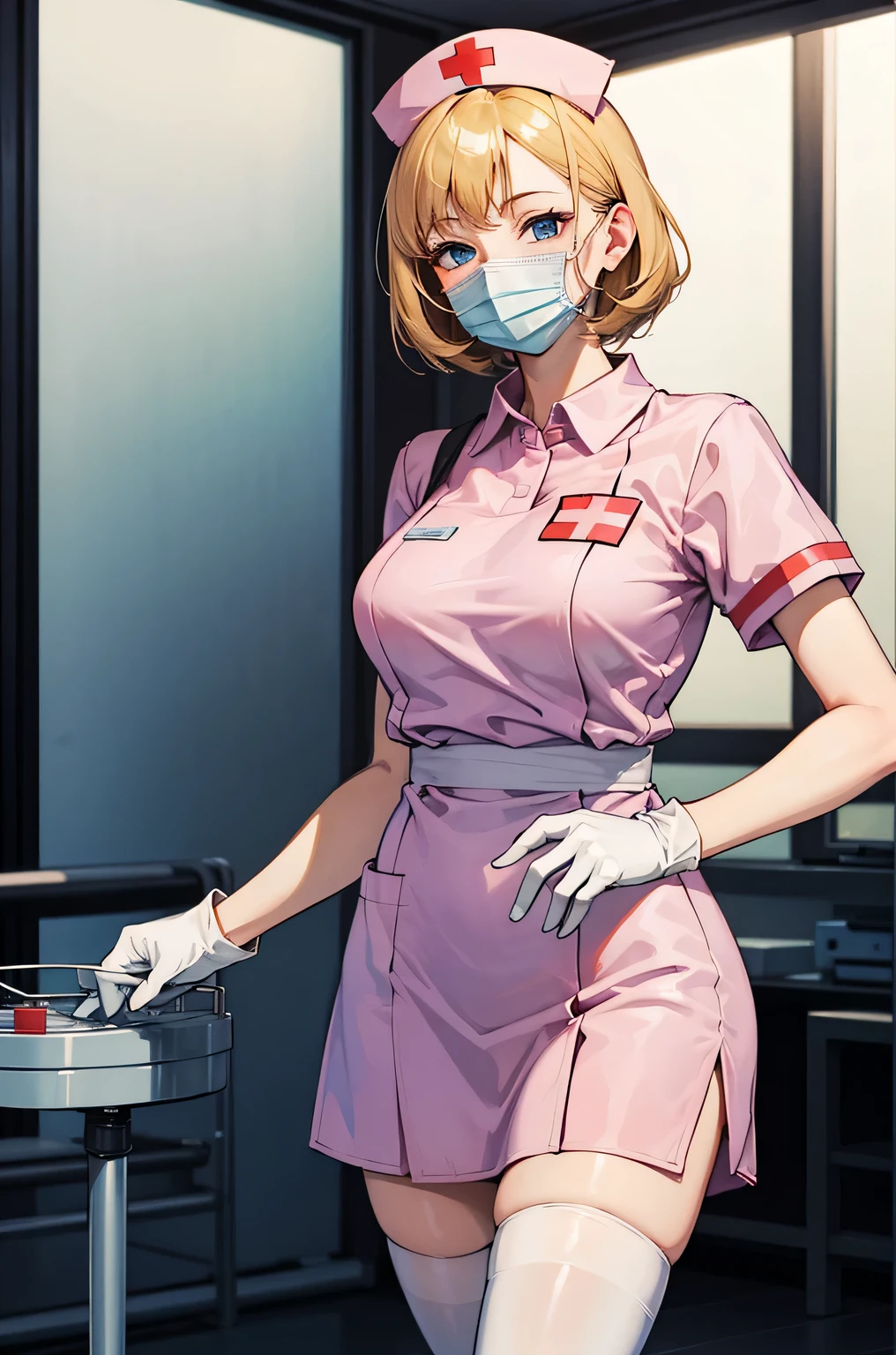 1 female, alone, nurse, nurse cap, Whiteware, ((white legwear, zettai ryouiki)), white gloves, blonde hair, blue eyes, ((White surgical mask, Covered nose)), Are standing, ((hospital room)), sharp outline, short sleeve, mature woman, 3, highest quality, masterpiece