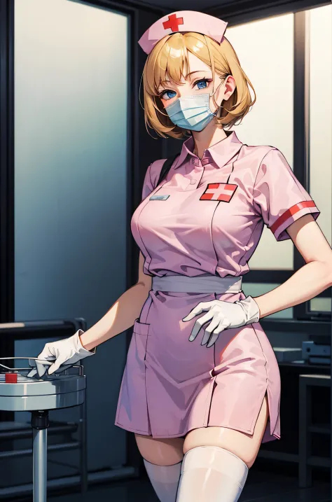 1 female, alone, nurse, nurse cap, Whiteware, ((white legwear, zettai ryouiki)), white gloves, blonde hair, blue eyes, ((White s...