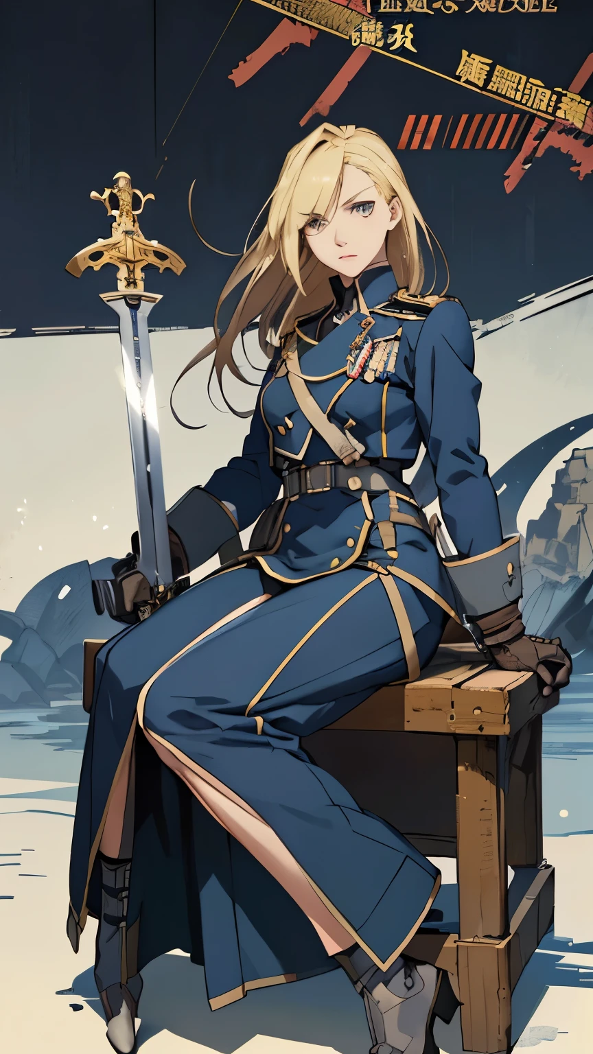 anime character sitting on a bench with a sword in her hand, cushart krenz key art feminine, cushart kenz, cushart krenz, cushart, official art, inspired by Li Chevalier, guilty gear art style, by Krenz Cushart, krenz cushart and artgerm, official character art，Olivier Mira Armstrong，long blonde hair，Fullmetal Alchemist，female major general，uniform，saber，Female tough guy，military coat，female soldier，金色长发female soldier，female soldier，Blonde devil，big sister，of