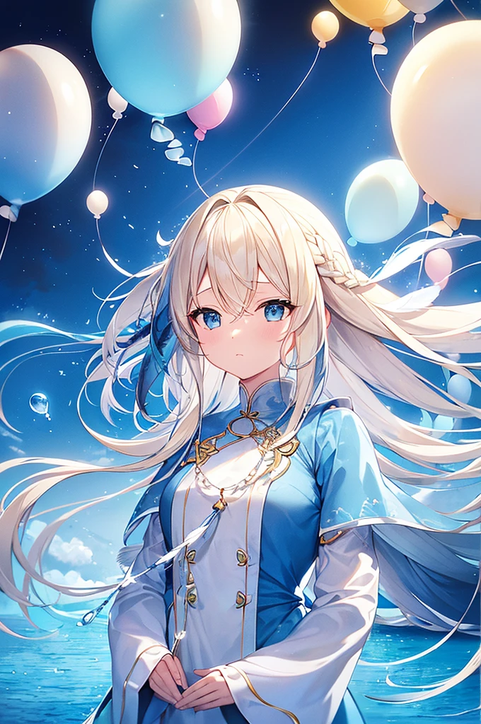 Blonde hair with light blue tips、Braid、straight face、whole body(fantasy、bluebird、Black feathers、white feather、beautiful scenery、Blue sky、water droplets、Grains of light、gem、balloon)