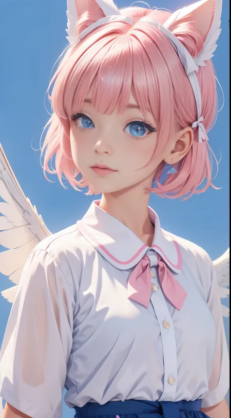 skistyle, 1girl, solo, pink hair, animal ears, blue eyes, wings, looking at viewer, mole, bangs, short hair, bow, sailor collar,...
