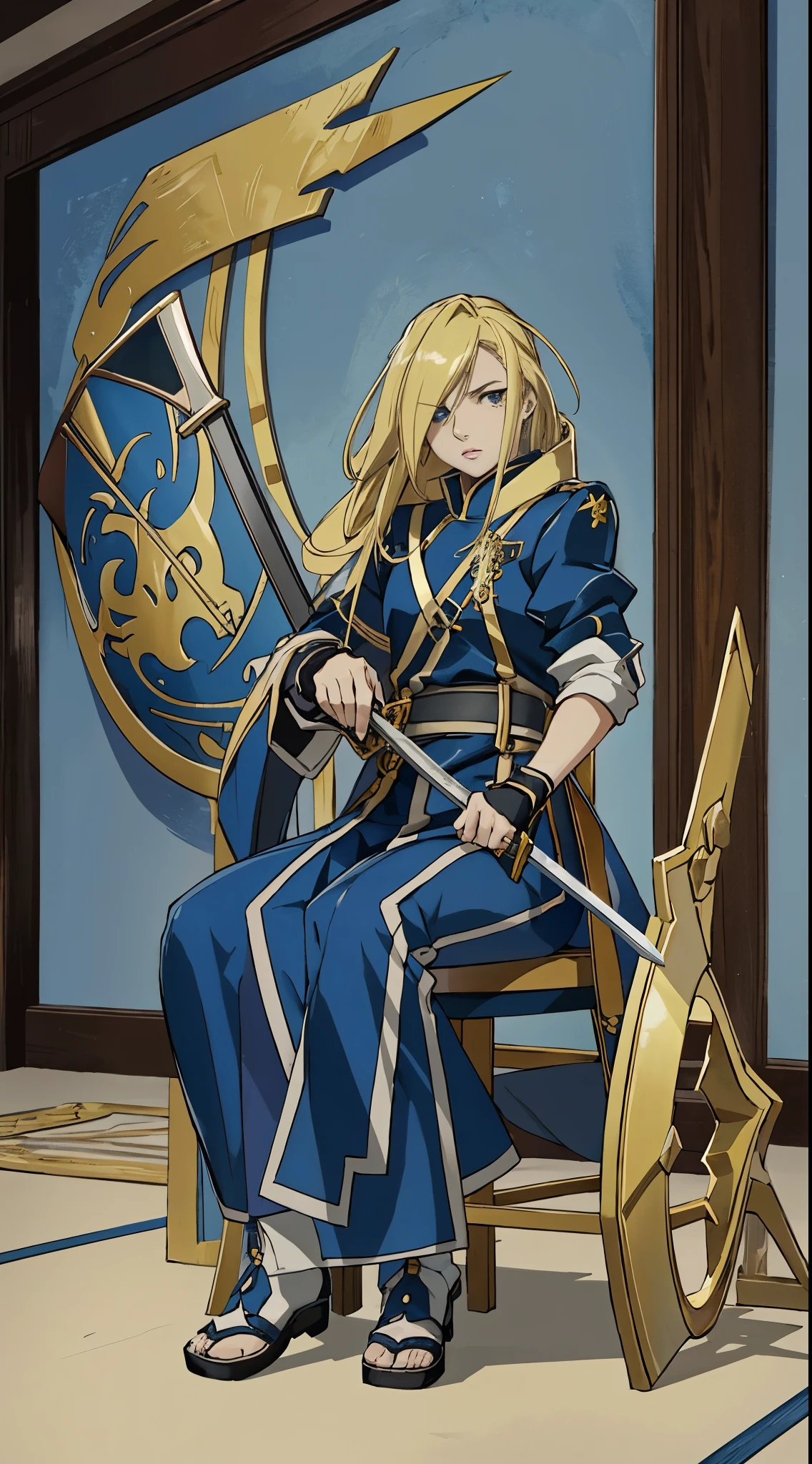 anime character sitting on a chair with a sword and a shield, final fantasy tactics character, guilty gear art style, guilty gear art direction, demon slayer rui fanart, anime style like faay night, jaina proudmoore, chrono trigger guilty gear style, guilty gear strive graphics, guilty gear strive splash art, anime in fantasy style, cushart kenz，Olivier Mira Armstrong，金色长头发，钢之炼金术师，女少将，军服，军刀，女硬汉，军大衣，女军人，金色长发女军人，女军人，金发女魔头，大姐姐，的