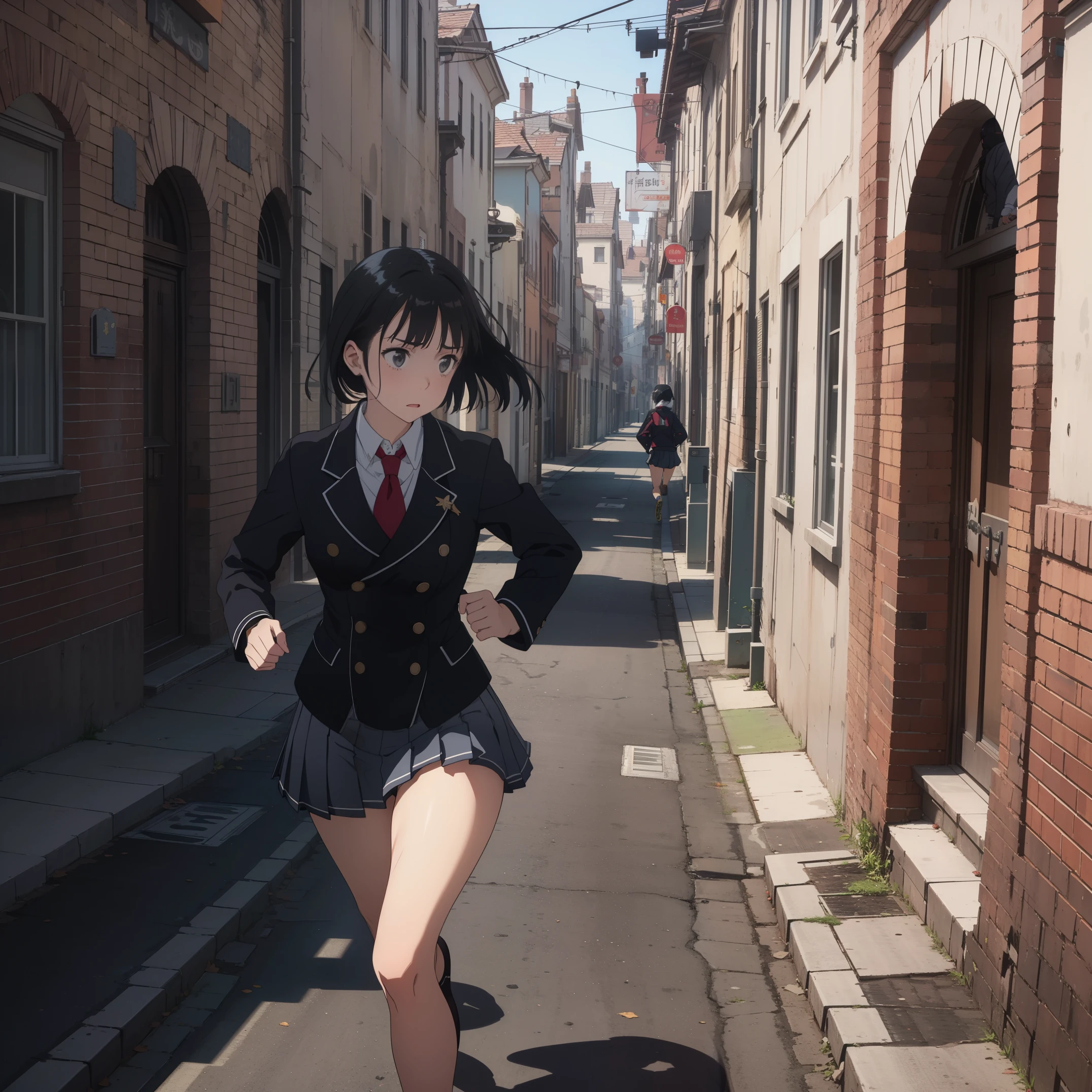 (Beautiful posture), 1Girl,slim, thin, ((black short skirt with pleats)),(((short double-breasted jacket))), (black very short jacket),(fitted clothing) ,a white blouse, (red tie short) , long bangs on face, (straight black hair to waist),gray eyes with a hint of purple, knee-deep portrait, sad, It&#39;s a nasty day, stands in the castle, ((emotion fear)) , (((running down the street:1.4))) , ((Side view:1.4)) 