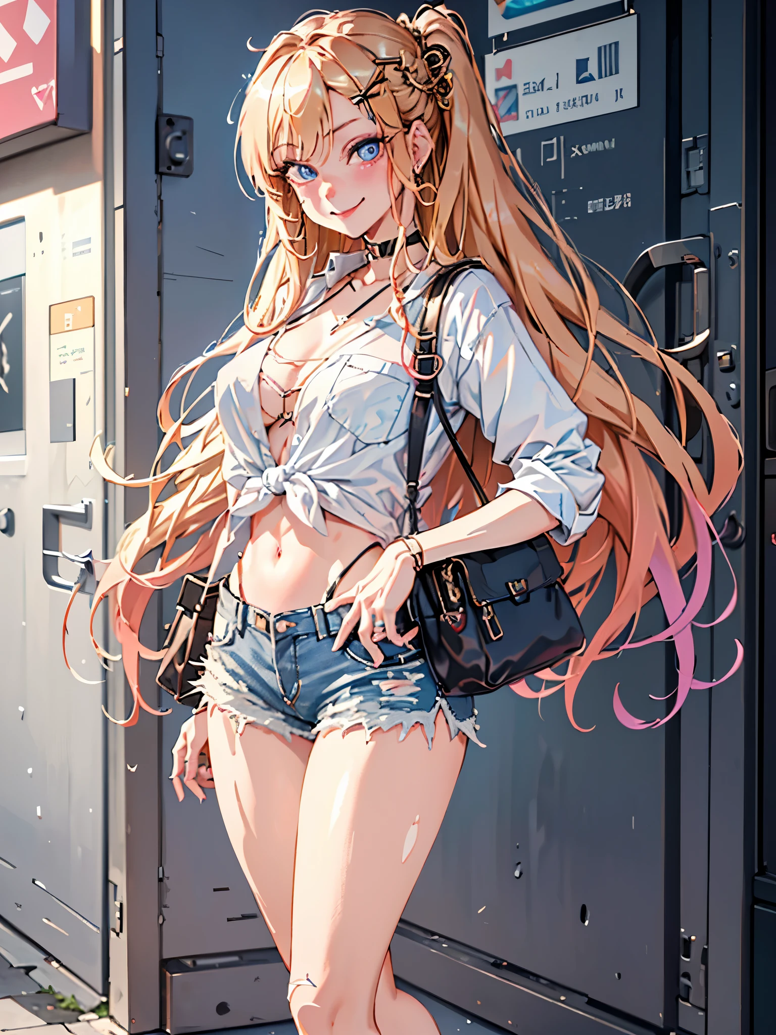 best quality,ultra-detailed,high resolution,extremely detailed cg,anime picture,unity 8k wallpaper,
blond hair,blue eyes,long hair,ripped shorts,white shirt,purse,navel,looking at viewer,hair ornament,smile,pov doorway,denim,x hair ornament,cyberpunk,