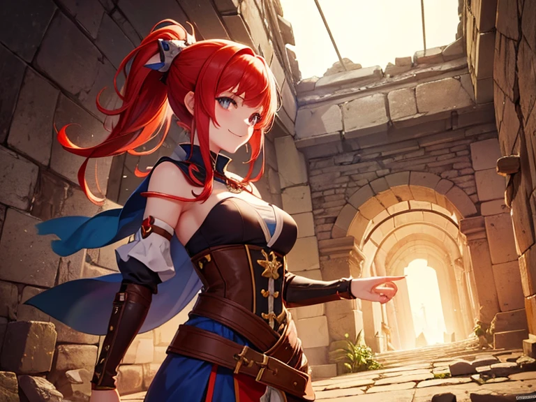 masterpiece　最high quality　high quality １Man Cute Woman　fantasy　adventurer　Inside the dungeon Inside the ruins　two - handed sword　Princess Knight　older sister　battle　effect　cheerful smile　Uplifting　dynamic angle　red hair　ponytail　