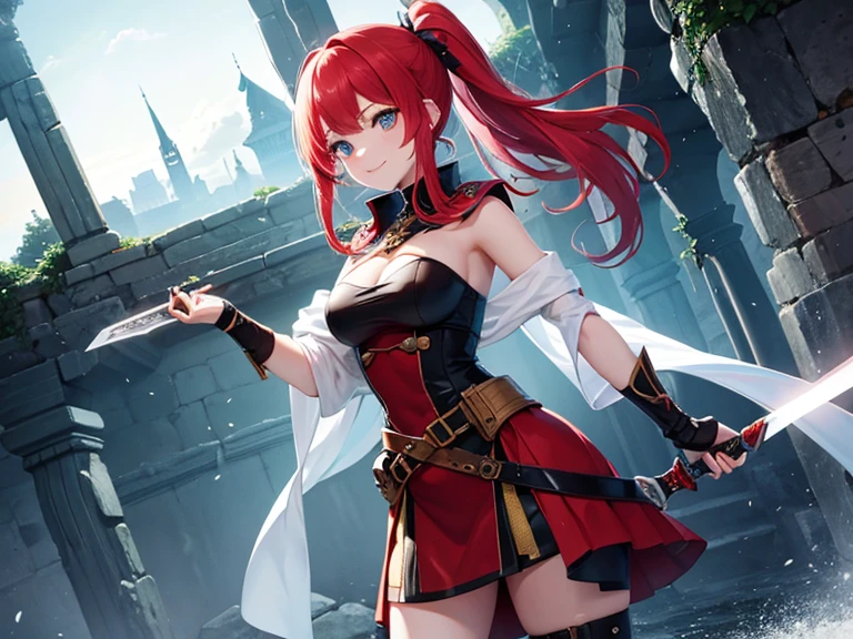 masterpiece　最high quality　high quality １Man Cute Woman　fantasy　adventurer　Inside the dungeon Inside the ruins　Attack with a two-handed sword　Princess Knight　older sister　battle　effect　smile　Uplifting　red hair　ponytail　
