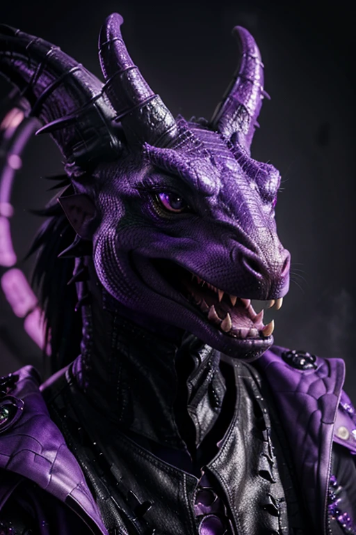 dragon with a large black neck with purple details with dazzling purple eyes, which inside her mouth is neon purple