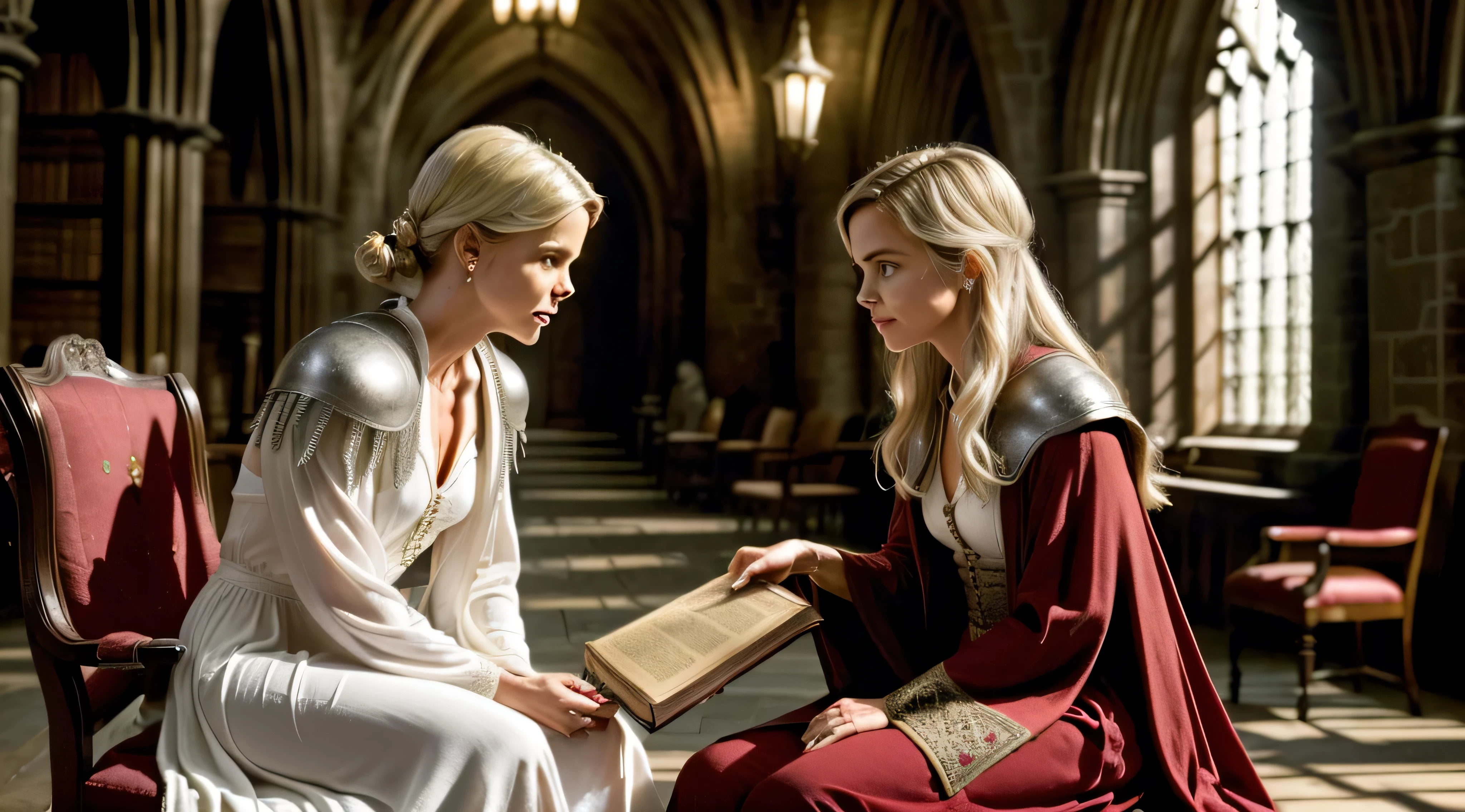 Charlize Theron with a platinum blonde undercut in open white cyber armor, that reveals more than it hides, speaks to Emma Watson in a great hall at Hogwarts, who only wears a wide-open red wizard&#39;s robe, Charlize zeigt Emma ein altes Buch mit interessanten Verzierungen, sie sitzen auf schweren Sesseln