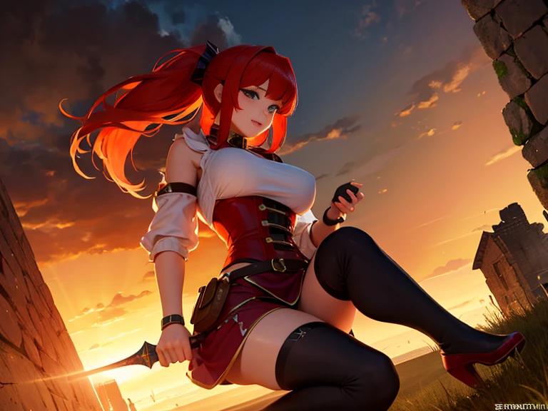 masterpiece　最high quality　high quality １Man Cute Woman　fantasy　adventurer　Inside the dungeon Inside the ruins　Attack with a two-handed sword　Slashing　jump　Princess Knight　older sister　battle　effect　smile　Uplifting　red hair　ponytail　big breasts　very big breasts