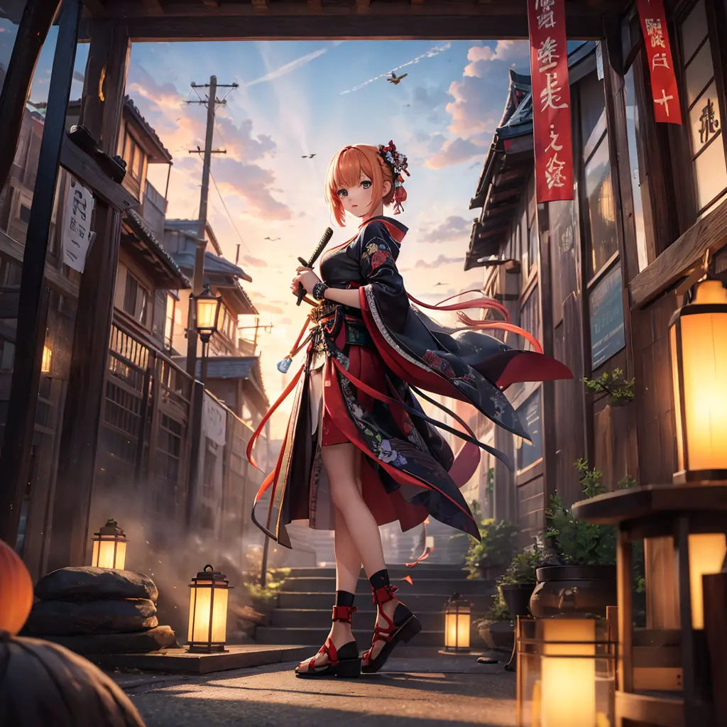 anime girl standing in futuristic landscape, samurai figure, hieratic visionary style, dark orange and light vegilles, this beau...