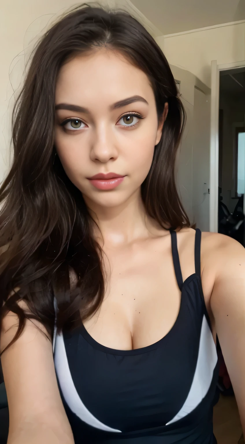 Selfie, arafed woman fully, age 20 years old, Standing in bedroom, wearing workout clothes, nothing in hands, one hand on waist, getting ready to go to the gym, with hazel eyes, ultra realistic, meticulously detailed, portrait sophie mudd, brown hair and large hazel colored eyes, selfie of a young woman, bedroom eyes, violet myers, without makeup, natural makeup, looking directly at the camera, face with artgram, subtle makeup, stunning full body, wearing workout clothes, small size bust, medium lips