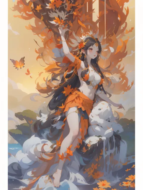 one wearing a skirt、Goddess with hands stretched freely，, the goddess of autumn harvest, the butterfly goddess of fire, guanyin ...