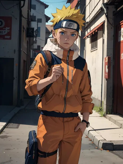 Naruto Uzumaki, 1boy, yellow hairs, wearing a orange Jacket and orange pajama, Blue headband, sky blue detailed eyes, 3D figure,...