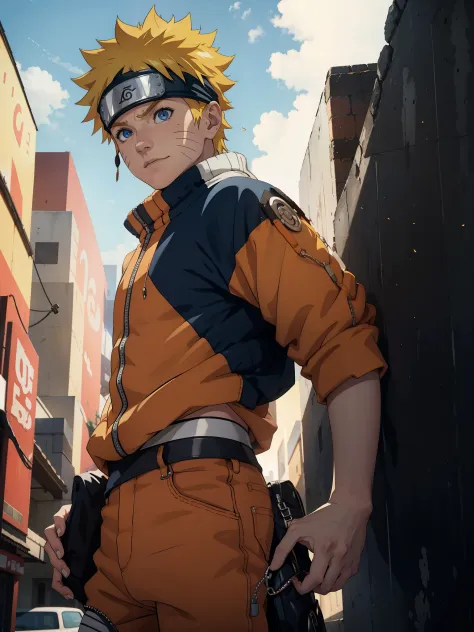 naruto uzumaki, 1male, yellow short hairs, wearing a orange shirt and black pants, sky blue detailed eyes, 3d figure, octane ren...