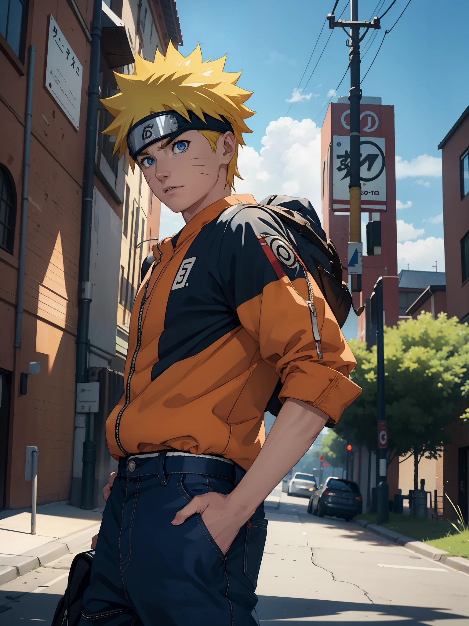 Naruto Uzumaki, 1male, yellow short hairs, wearing a orange shirt and black pants, sky blue detailed eyes, 3D figure, octane rendered, best quality, UHD resolution