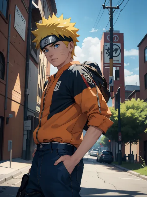 Naruto Uzumaki, 1male, yellow short hairs, wearing a orange shirt and black pants, sky blue detailed eyes, 3D figure, octane ren...