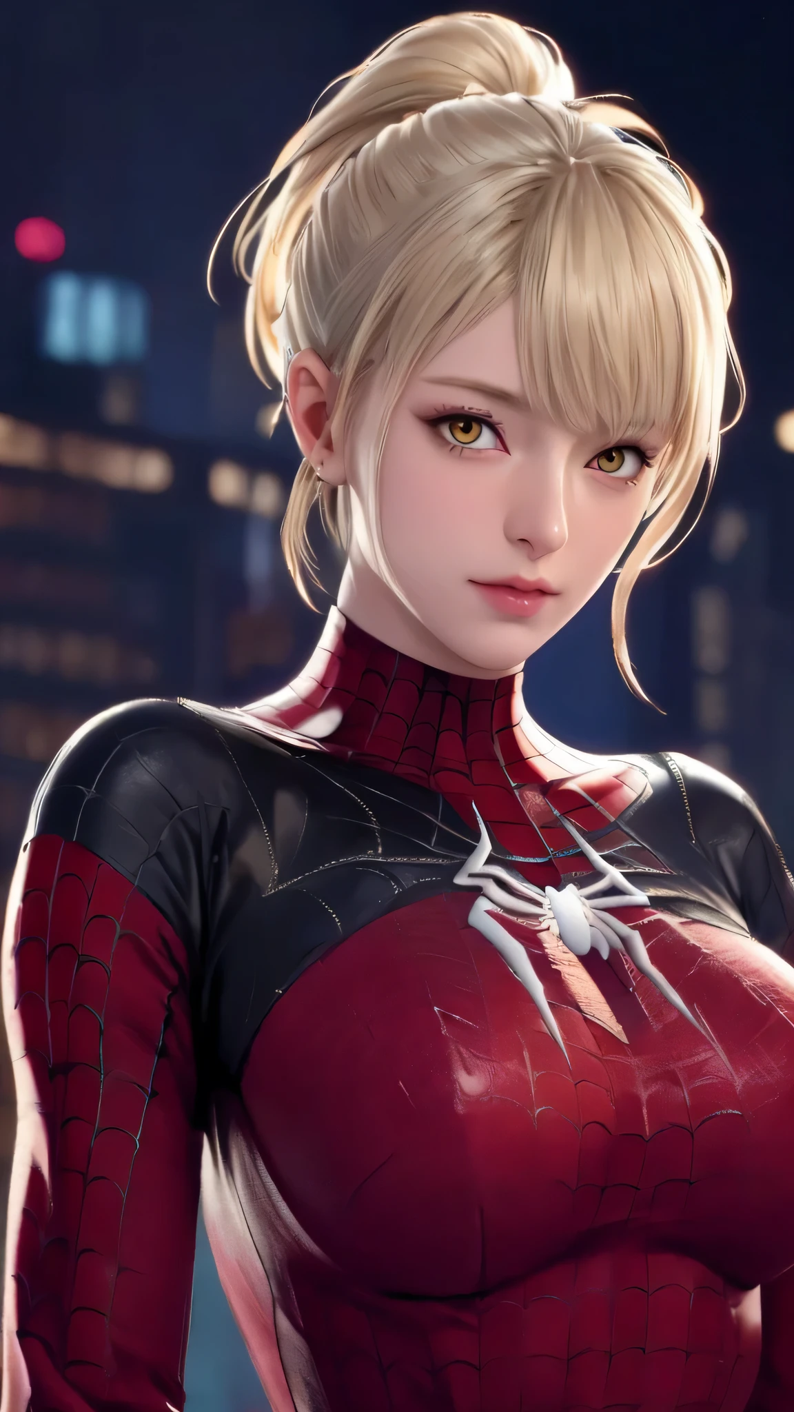 （（（blonde hair, Bangs, hair accessories, ponytail, yellow eyes,  orange eyes,  hair between eyes,（（（Denia，spider man，spider man服装，spider tights，(red cloak:1.2), ））），（（（wide hips））），S-shaped body:1.7））），((masterpiece)),high resolution, ((Best quality at best))，masterpiece，quality，Best quality，（（（ Exquisite facial features，looking at the audience,There  light in the eyes，Ha ha，confidence ））），（（（Light and shadow interlace，huge））），（（（city background，赛博city background）））