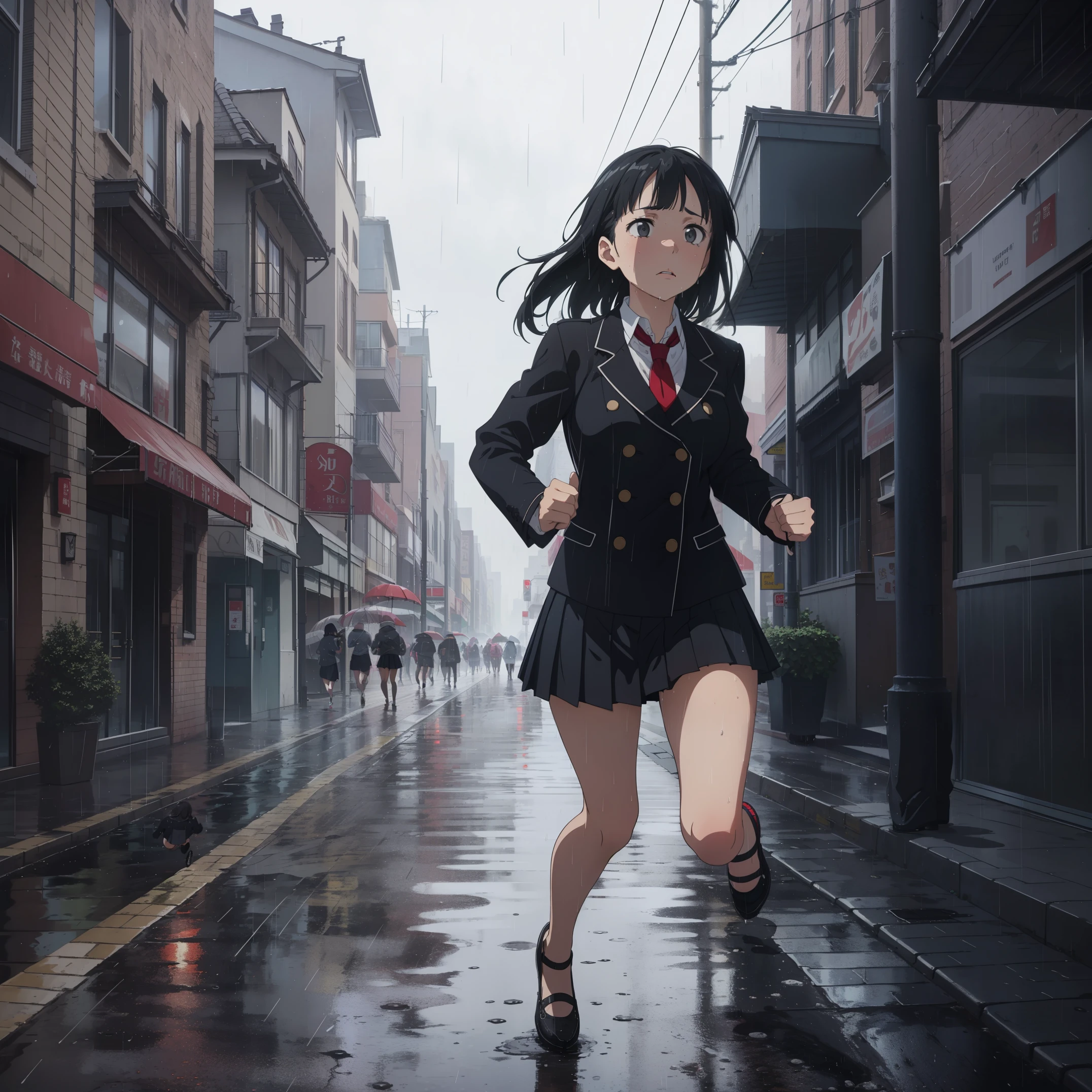 (Beautiful posture), 1Girl,slim,( thin, ((black short skirt with pleats)),(((short double-breasted jacket))), (black very short jacket),(fitted clothing) ,a white blouse, (red tie short) ,(Mary Jane shoes),long bangs on face, (straight black hair to waist)),gray eyes with a hint of purple, knee-deep portrait, sad, It&#39;s a nasty day, stands in the castle, ((emotion fear)), (sad face) ,(turns around) , (((running down the street:1.4))) , ((Side view:1.4)) , (((in a dense crowd))), (((rain;1.6))) , (oh wet clothes), (rain) 