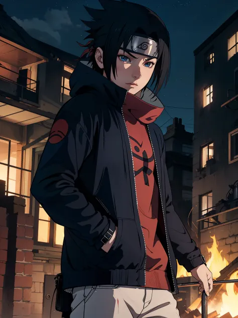 1male, Sasuke Uchiha, wearing a black coat, Uchiha mark on coat, red glowing detailed eyes, bonfire night, best quality, 3D figu...