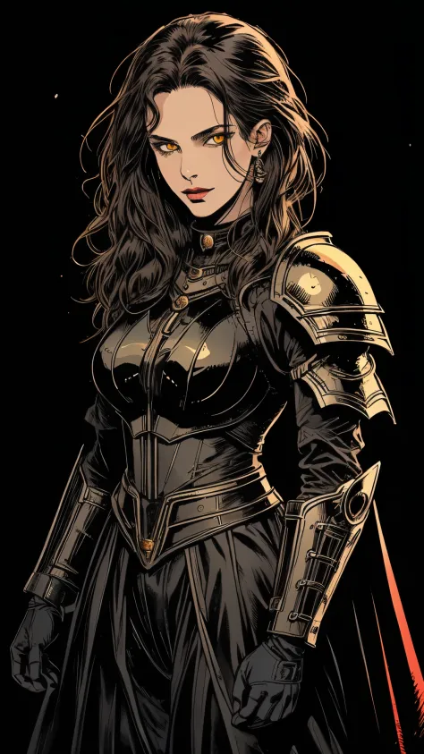 illustration,  woman, mature women, yellow eyes, black dragon scale armor, dark atmosphere, highly detailed,