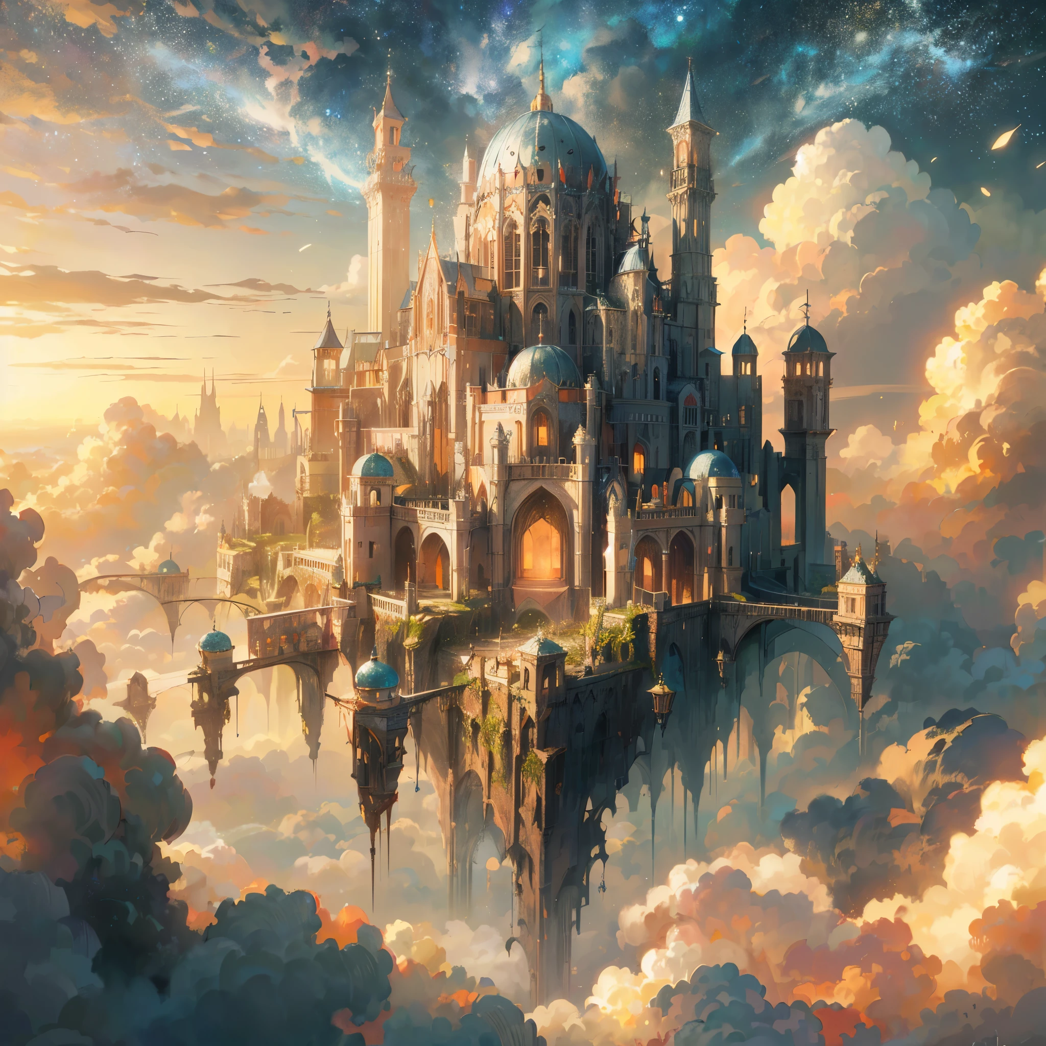 a close up of a castle in the sky with clouds, palace floating in the sky, elaborate matte painting, high fantasy matte painting, palace floating in heaven, 4k highly detailed digital art, cloud palace, flying cloud castle, floating city on clouds, breathtaking fantasy art, exquisite matte painting, castle made of clouds, dreamy matte painting