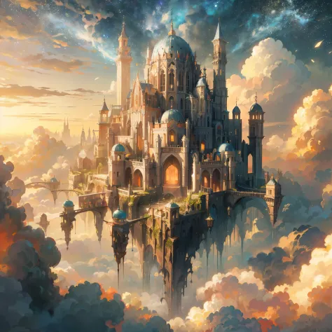 a close up of a castle in the sky with clouds, palace floating in the sky, elaborate matte painting, high fantasy matte painting...