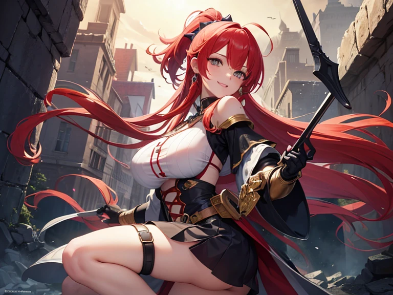 masterpiece　最high quality　high quality １Man Cute Woman　fantasy　adventurer　Inside the dungeon Inside the ruins　Attack with a two-handed sword　Slashing　jump　Princess Knight　older sister　battle　effect　smile　Uplifting　red hair　dynamic angle　ponytail　Very big breasts