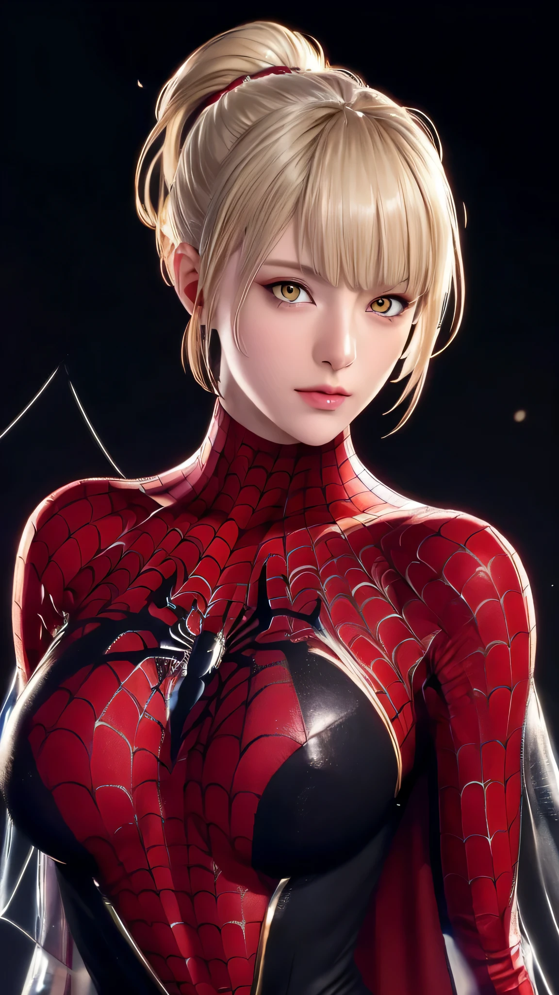 （（（blonde hair, Bangs, hair accessories, ponytail, yellow eyes,  orange eyes,  hair between eyes,（（（Denia，spider man，spider man服装，spider tights，(red cloak:1.2), ））），（（（wide hips））），S-shaped body:1.7））），((masterpiece)),high resolution, ((Best quality at best))，masterpiece，quality，Best quality，（（（ Exquisite facial features，looking at the audience,There  light in the eyes，Ha ha，confidence ））），（（（Light and shadow interlace，huge））），（（（city background，赛博city background）））