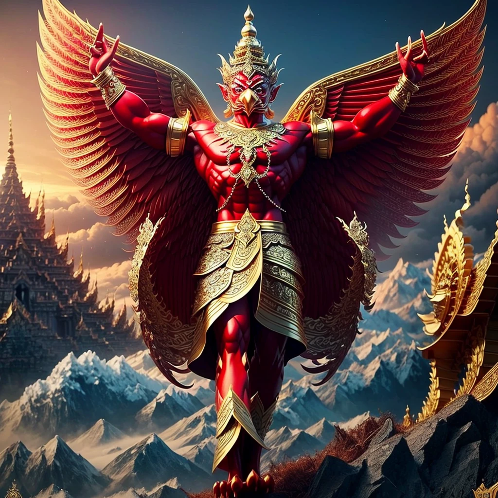 (Garuda 1) Red eyes, muscular body. Best anatomy: Red-skinned Garuda. Red-haired Garuda. Large, outstretched, red-winged Garuda. perfect wingspan Wear jewelry made from gold with Thai patterns. Gold jewelry decorated with diamonds on Garuda's head Wearing Thai cloth pants, Thai silk, red Thai pattern. Hands on hands and legs look like perfect birds. Hands, legs, feet are perfect. Stand on the ground, look straight, stand fully. The skin is the most detailed. The skin is red. The fur is the most detailed red. Red eyes, best detail The best anatomical details, details, cloth, accessories, Thai warrior armor. Best Metal Details Best Weapons Best Weapon Details (Special details Masterpiece quality Realistic Photos(Ultimate Realistic Photos 8k,16k,32k) Maximum realism and best lighting details. Best light quality, best shadows World class photography studio (Best close-up view)(The backdrop of the Thai temple castle is extinguished with gold, silver, emeralds, diamonds, perfect. The background is the sky, clouds, and fog. It feels natural and realistic.)