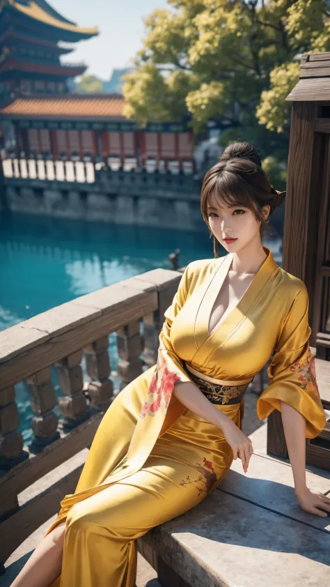 araffe woman in a sexy yellow kimono sitting on a ledge, palace ， a girl in hanfu, realistic anime 3 d style, artwork in the sty...