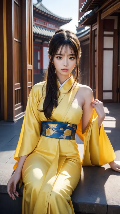 araffe woman in a sexy yellow kimono sitting on a ledge, palace ， a girl in hanfu, realistic anime 3 d style, artwork in the sty...