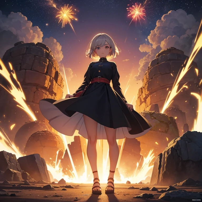 personnage féminin de 16 ans, taille moyenne,Cheveux longs,couleur brun foncé pleine et ondulée, tes yeux marron foncé, couleur de peau brune, petite poitrine,maître des bombes/explosions en version anime, image du corps entier et tout le caractère&#39;ses réactions et ses positions et crée son nom qui signifie amitié/compagnon ou vision de la beauté.