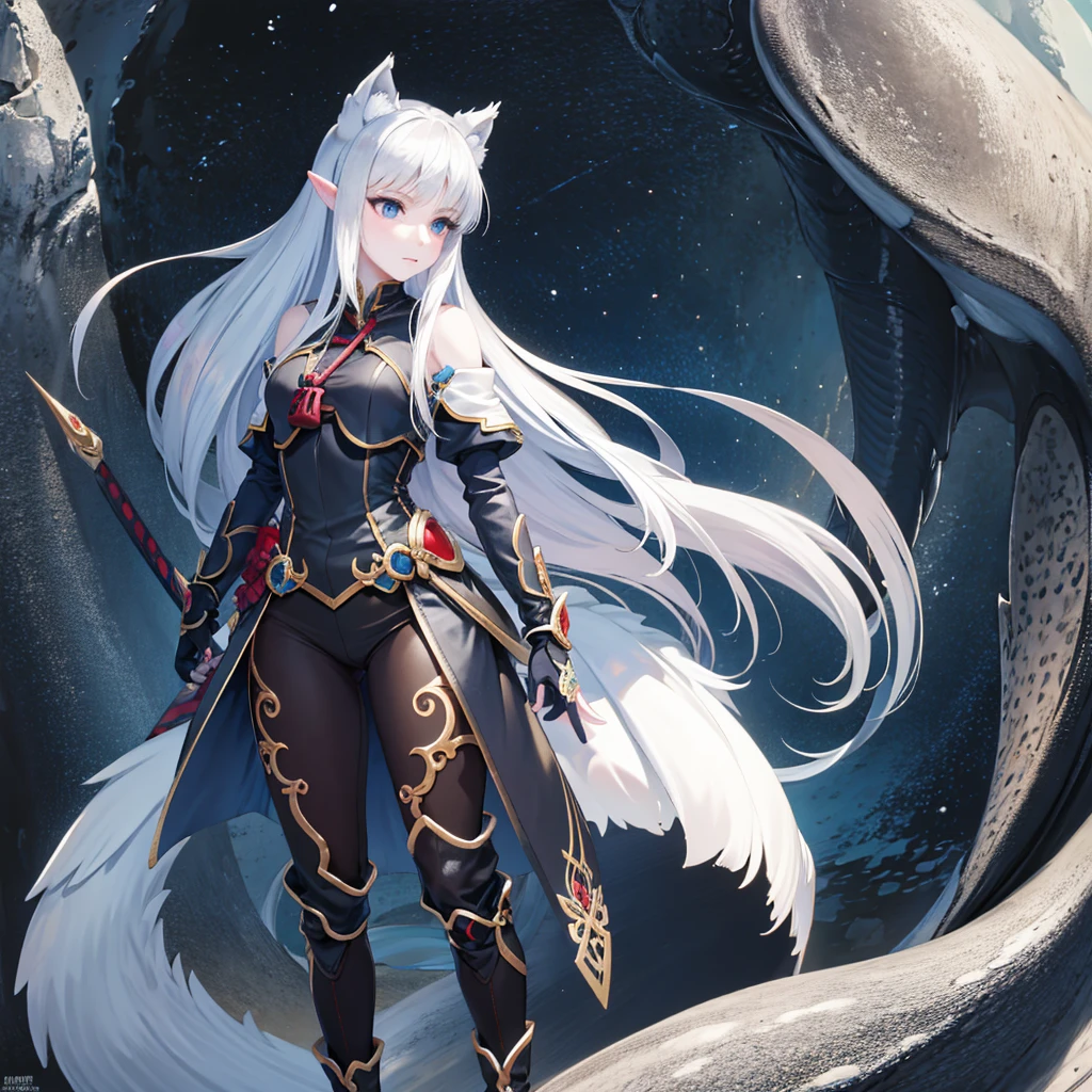 8k, resolution, high quality, high resolution, best quality, best resolution, absurd resolution, ray tracing, high detailed, masterpiece, extremely detailed,shoulder length white hair, female,white 2 wolf ears, teenage girl, slim body, white scale dragon tail,black boots,black leggings, school skirt, white jacket, medium size chest, detailed blue eyes, detailed beautiful face,solo female,1 dragon tail, detailed eyes, tomboyish