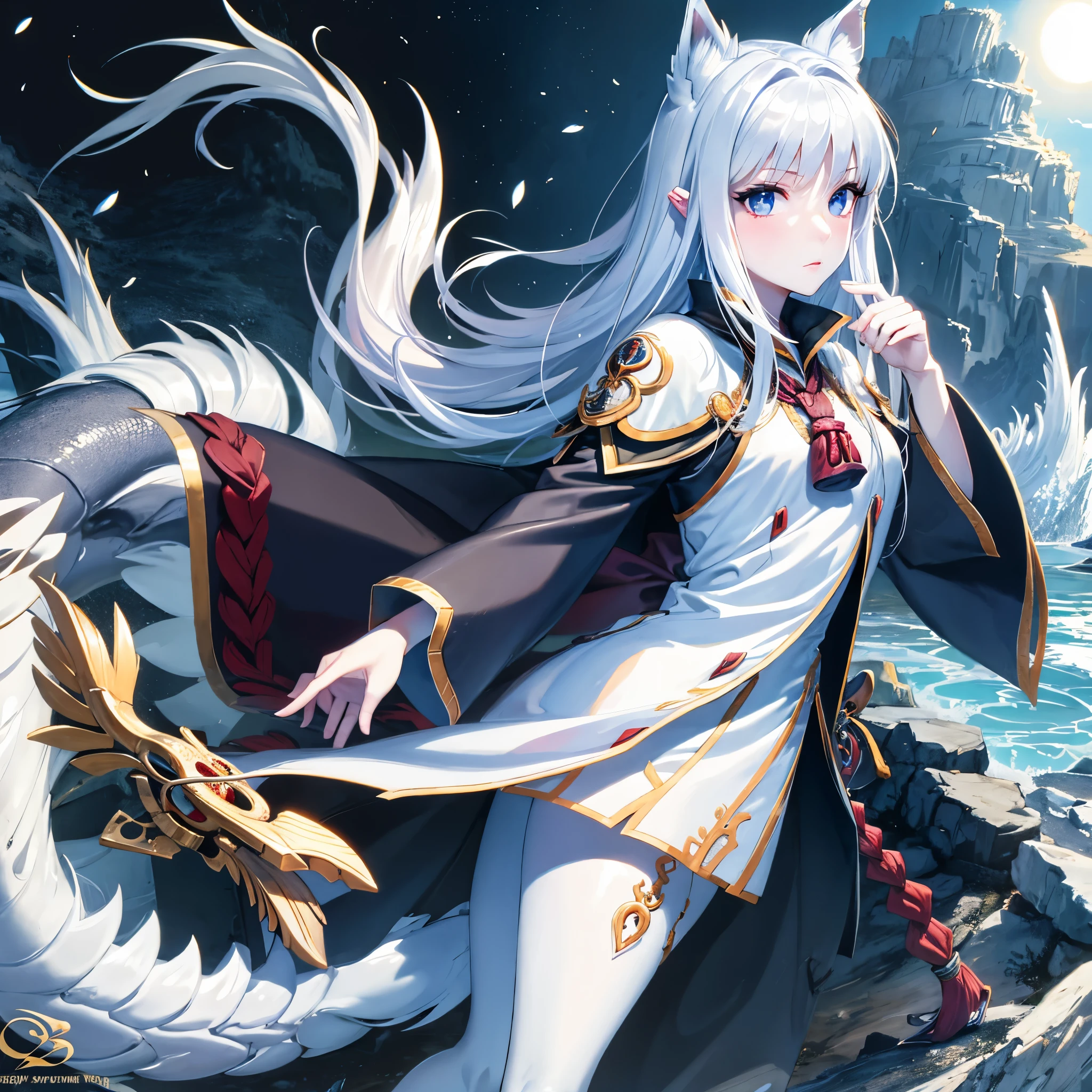 8k, resolution, high quality, high resolution, best quality, best resolution, absurd resolution, ray tracing, high detailed, masterpiece, extremely detailed,shoulder length white hair, female,white 2 wolf ears, teenage girl, slim body, white scale dragon tail,black boots,black leggings, school skirt, white jacket, medium size chest, detailed blue eyes, detailed beautiful face,solo female,1 dragon tail, detailed eyes, tomboyish