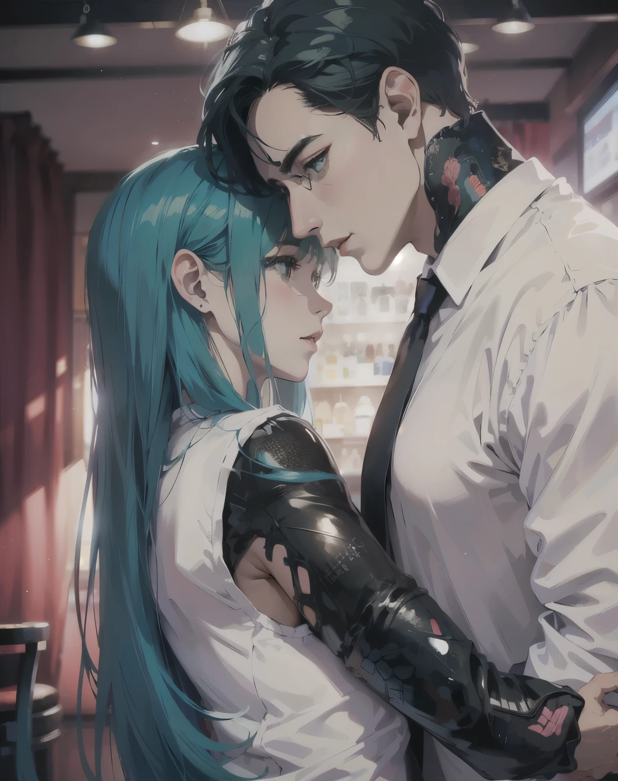 hay un hombre y una mujer (hatsune miku) uno al lado del otro en un bar, retrato, jinyoung shin, artista coreano, retrato de alta calidad, pelo negro largo ondulado, inspired por jeonseok lee, obra de arte al estilo de guweiz, por jeonseok lee, soft retrato 8 k, jingna zhang, con lentes negros