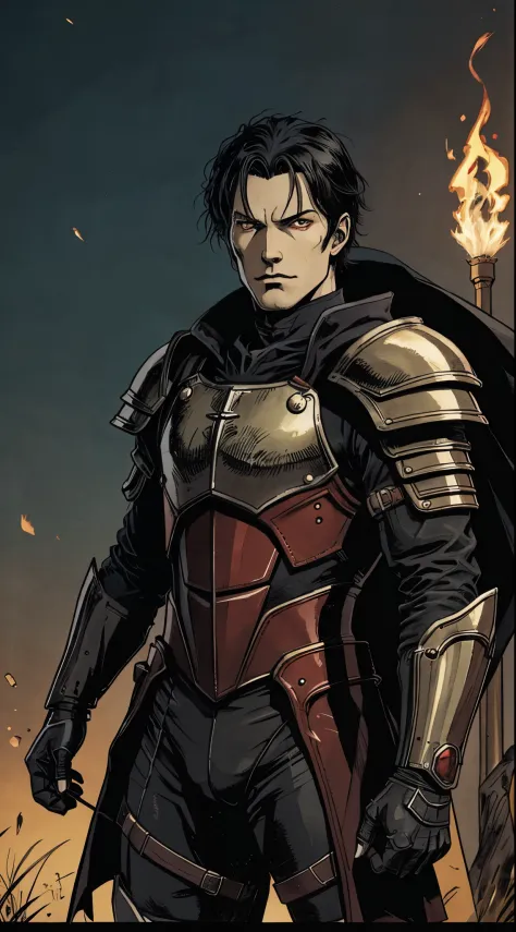  man, red glowing eyes, black hair, pale skin, black gold armor,,,vampire king,, fantasy dark souls world, fighting with, vampir...