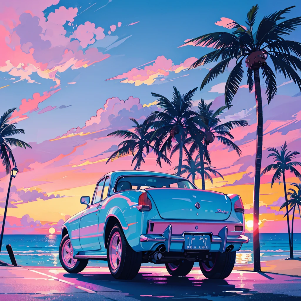 해안, 핑크빛 하늘, 야자수, 파란색 클래식 자동차, 블루와 핑크 네온