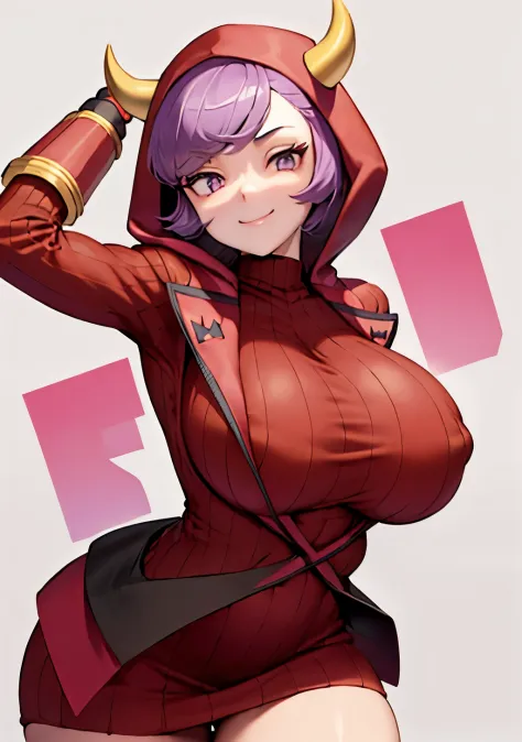 courtney, 1girl, solo, breasts, looking at viewer, smile, short hair, bangackground, gloves, white background, dress, closed mouth, purple eyes, purple hair, horns, signature, hood, arm up, sweater, eyelashes, red dress, clenched hand, red gloves, ribbed s...