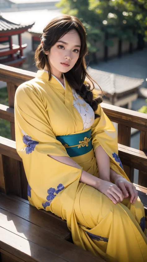 araffe woman in a sexy yellow kimono sitting on a ledge, palace ， a girl in hanfu, realistic anime 3 d style, artwork in the sty...