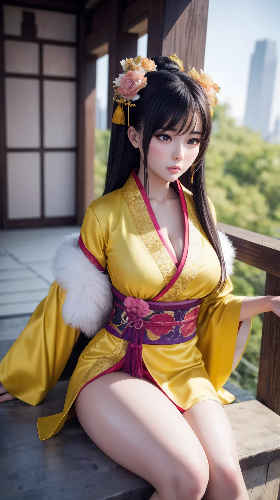 araffe woman in a sexy yellow kimono sitting on a ledge, palace ， a girl in hanfu, realistic anime 3 d style, artwork in the style of guweiz, beautiful character painting, 3 d anime realistic, trending on cgstation, anime styled 3d, wearing ancient sexy chinese clothes, chinese girl, artgerm and atey ghailan, big breasts, perfect body 