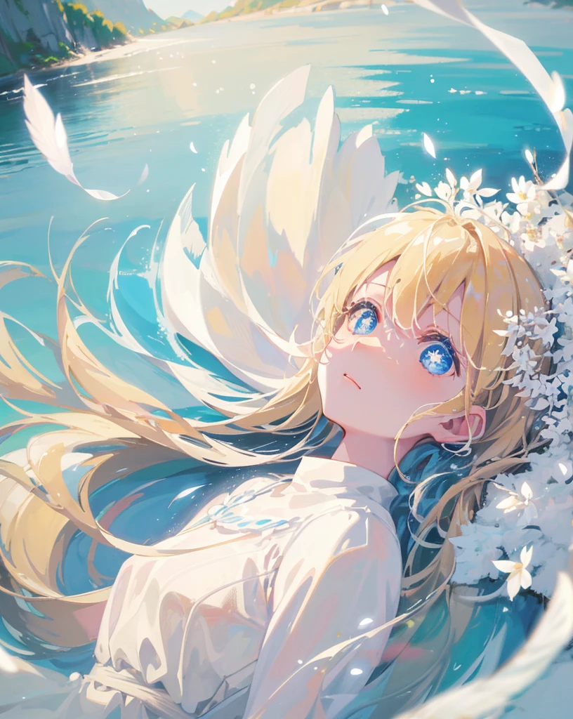 Thin blonde hair、white dress、Blue Pupils、white feather、(water droplets、petal、lake、Grains of light)、fantasy、beautiful scenery、Delicate scenery