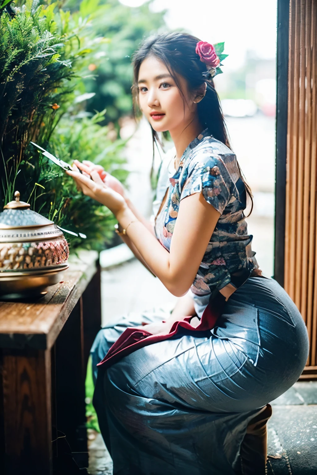 Una mujer asiática de 24 años con el pelo largo tiene una postura hermosa en la calle por la noche, Viste una falda larga negra y una camisa blanca corta., Batik indonesio con diseño intrincado, Cuerpo hermoso, traje acmm ss, falda larga acmm, usando top acmm, muy atractivo y hermoso, con una mirada encantadora, MMTD COLLARES DE PERLAS TRADICIONALES CON ESTAMPADO BIRMANO Y PULSERAS DE ORO PELO DE MOÑO SOLO NEGRO CON FLOR, (piel muy detallada:0.8), 8k hd, DSLR, iluminación suave, HDR, luz calida, alta calidad, grano de la película, Fujifilm XT3, 