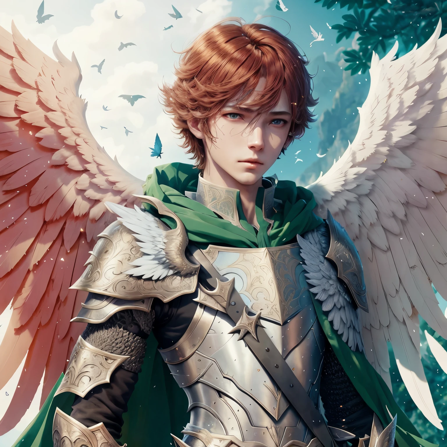 winged prince boy, handsome guy in demon slayer art, young pale redhead european angel, Armor angle with wing, highly detailed exquisite fanart, winged archer, european young man character detailed art, low angel, archangel, angelic principality, Majestic beauty, 4 k wallpaper, European winged on sunny sky background, mountain background with sunrise