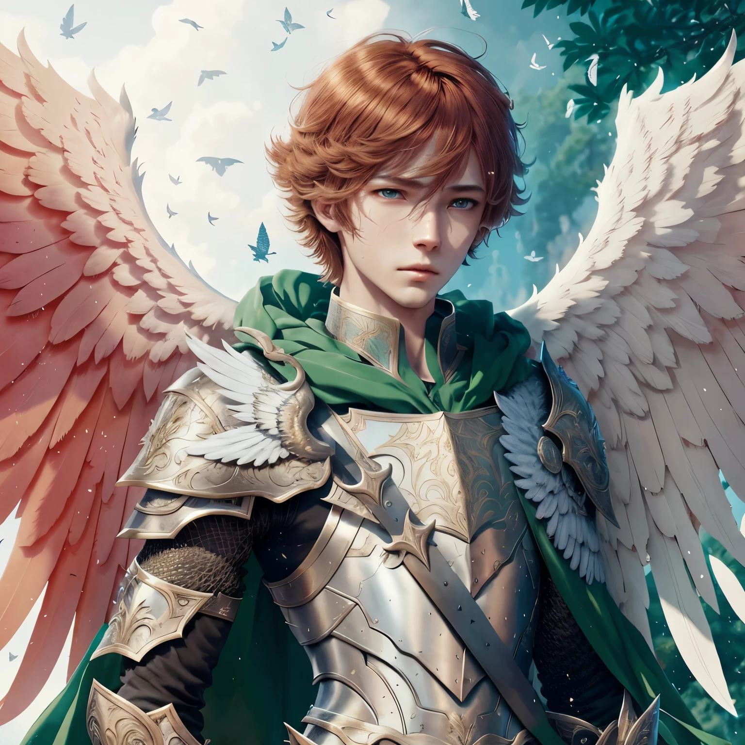 winged prince boy, handsome guy in demon slayer art, young pale redhead european angel, Armor angle with wing, highly detailed exquisite fanart, winged archer, european young man character detailed art, low angel, archangel, angelic principality, Majestic beauty, 4 k wallpaper, European winged on sunny sky background, mountain background with sunrise