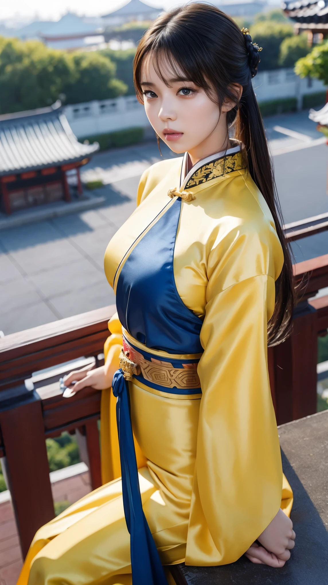 araffe woman in a sexy yellow kimono sitting on a ledge, palace ， a girl in sexy hanfu, realistic anime 3 d style, artwork in the style of guweiz, beautiful character painting, 3 d anime realistic, trending on cgstation, anime styled 3d, wearing ancient sexy chinese clothes, chinese girl, artgerm and atey ghailan, big breasts, perfect body 