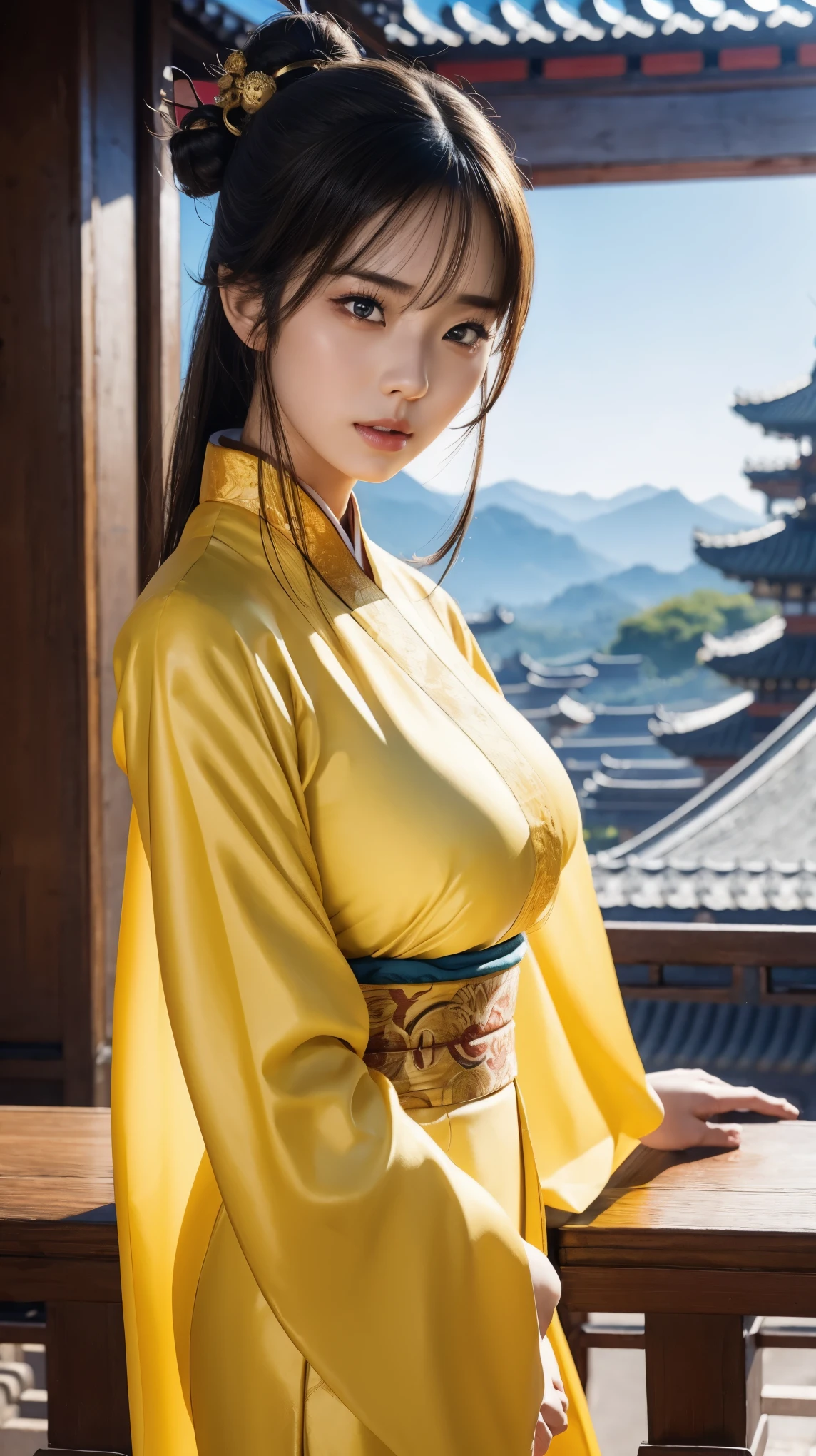 araffe femme dans un kimono jaune sexy assise sur un rebord, palais ， une fille en hanfu sexy, style anime 3D réaliste, oeuvre d&#39;art dans le style de guweiz, belle peinture de personnage, Anime 3D réaliste, Tendance sur CGSTATION, style anime 3D, porter des vêtements chinois anciens et sexy, chinoise, artgerm et atey ghailan, gros seins, corps parfait 