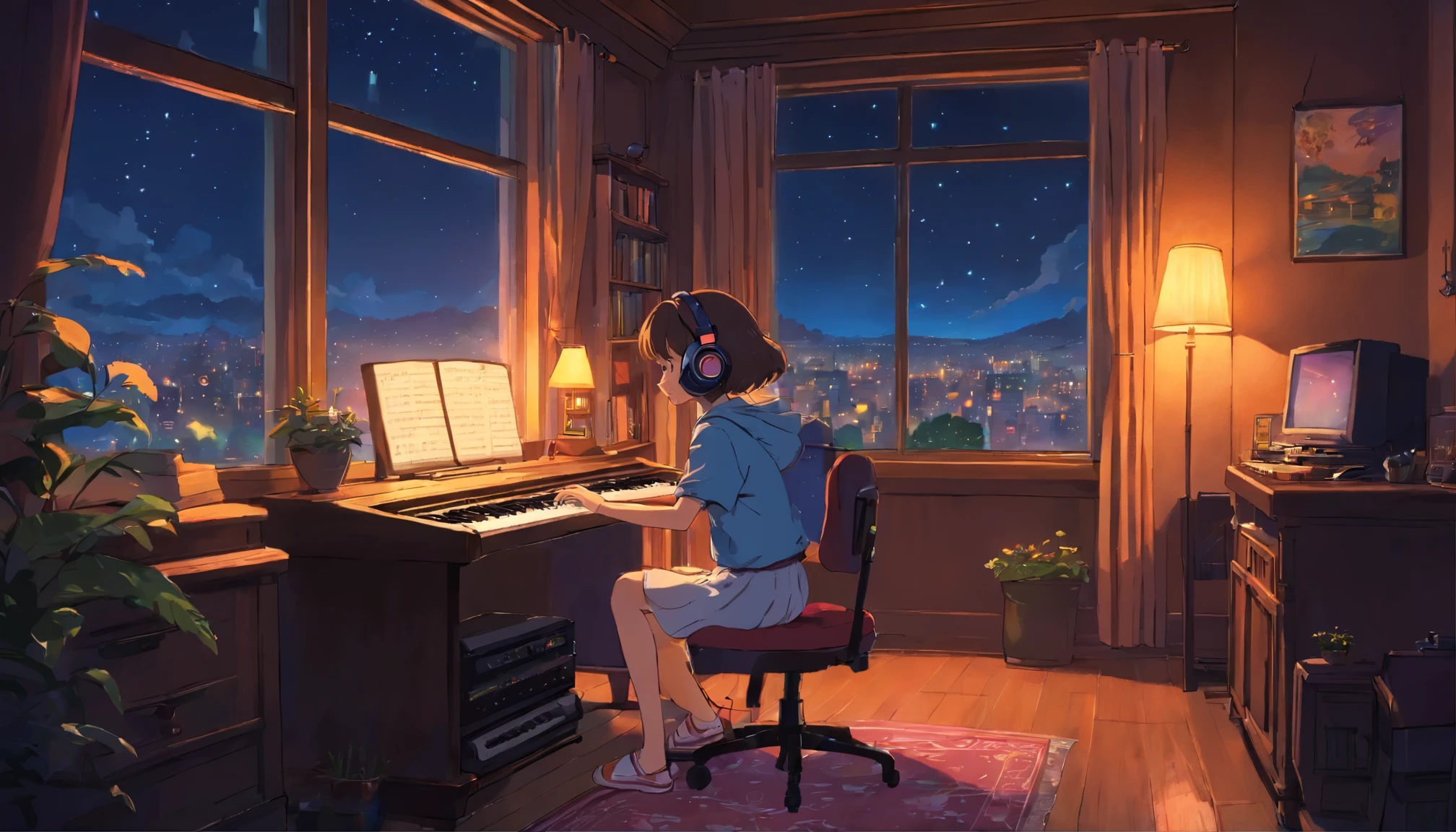 Anime girl sitting at a desk in a room with a view of the city - SeaArt AI