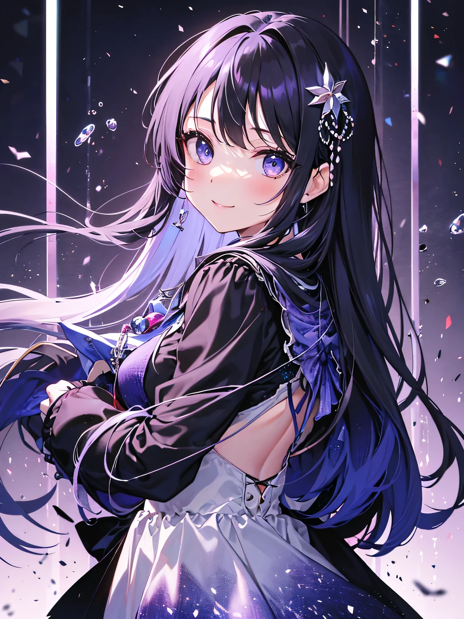 (debris flies, highest quality, ultra high resolution),1 girl,(black dress beautiful、detailed face, fine eyes,((gray and purple theme)),standing in front of a pure white wall、facing forward,smile、smile,cheeks are red,whole body,Beautiful eyes that everyone envy