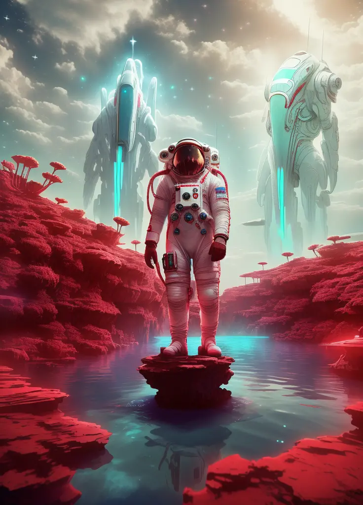 Astronaut in white suit standing in body of water, In the red dream world, Looking out over the Red Sea, HD wallpapers, Beeple a...